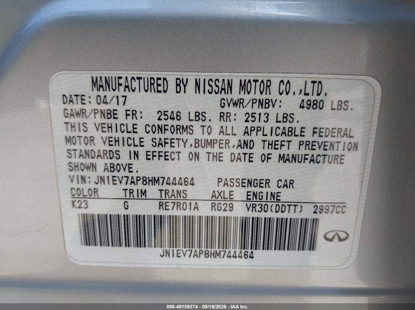 2017 Infiniti Q50 VIN JN1EV7AP8HM744464 IAAI salvage auction — REAR END, Salvage (California), sold $0 on 2026-09-27 (photo 9)