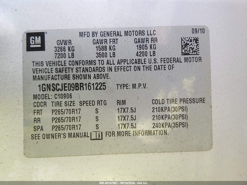 2011 Chevrolet Suburban VIN 1GNSCJE09BR161225 IAAI salvage auction — NORMAL WEAR, Original (Texas), sold $1,775 on 2026-10-06 (photo 9)
