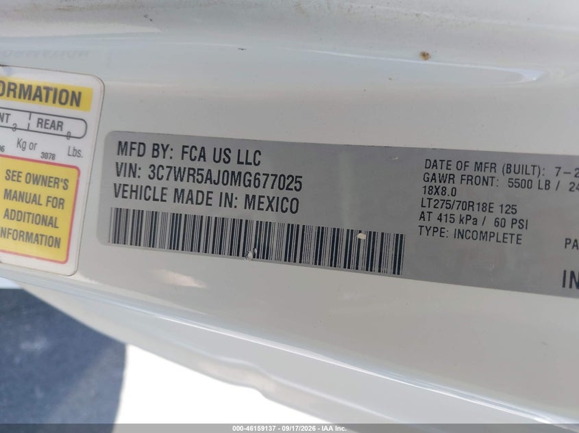 2021 Ram 2500 VIN 3C7WR5AJ0MG677025 IAAI salvage auction — NORMAL WEAR, Sf97 (Nevada), sold $21,850 on 2026-10-08 (photo 9)