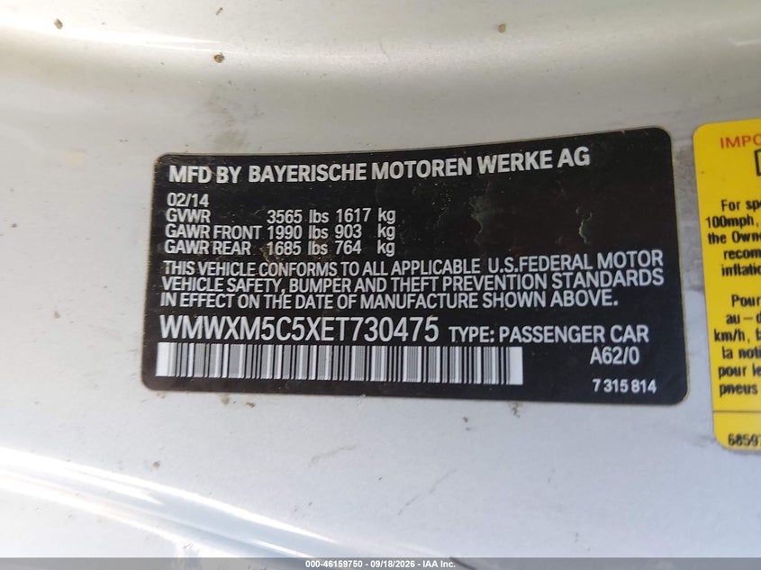 2014 MINI Hard top VIN WMWXM5C5XET730475 IAAI salvage auction — Flood, Non-Repairable, sold $575 on 2026-10-15 (photo 9)