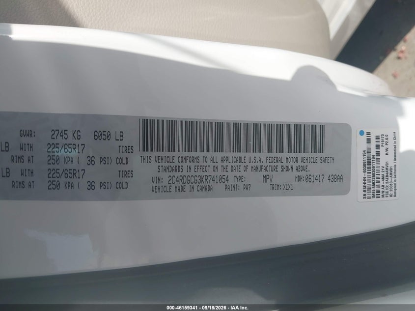 2019 Dodge Grand Caravan VIN 2C4RDGCG3KR741054 IAAI salvage auction — NORMAL WEAR, Original (Texas), sold $0 on 2026-09-26 (photo 9)