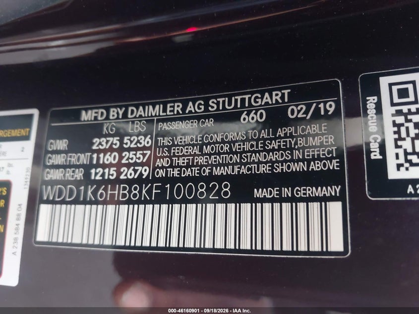2019 Mercedes-benz E-klasse VIN WDD1K6HB8KF100828 IAAI salvage auction — REAR END, Rebuildable (Florida), sold $17,300 on 2026-10-07 (photo 9)