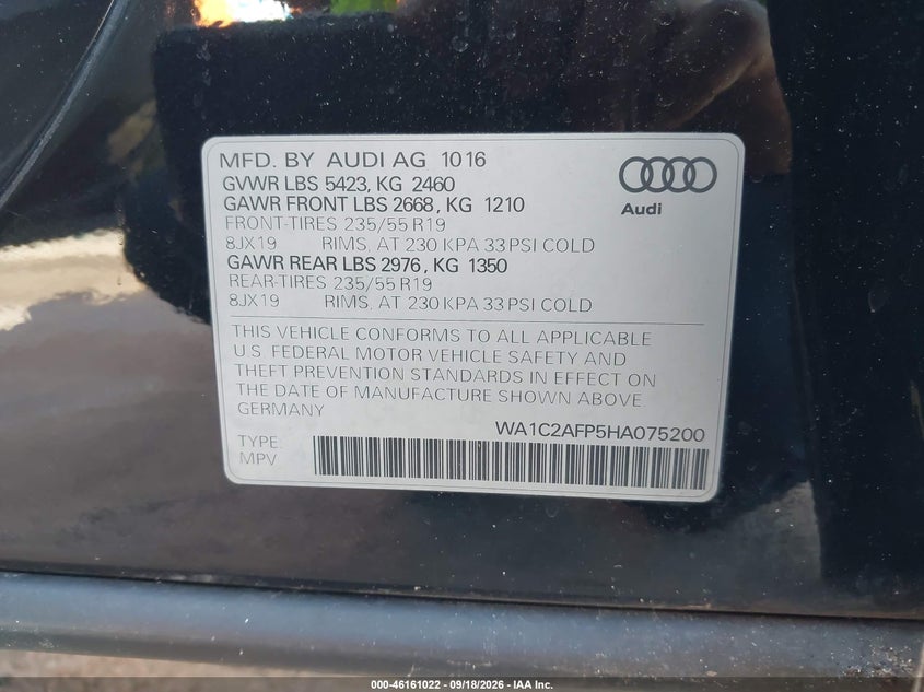 2017 Audi Q5 VIN WA1C2AFP5HA075200 IAAI salvage auction — NORMAL WEAR, Clear (Florida), sold $1,500 on 2026-09-30 (photo 9)