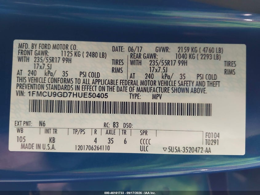 2017 Ford Escape VIN 1FMCU9GD7HUE50405 IAAI salvage auction — NORMAL WEAR, Sf97 (Washington), sold $8,925 on 2026-10-08 (photo 9)