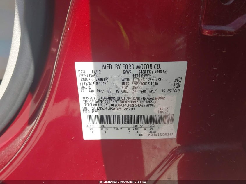 2013 Lincoln Mkx VIN 2LMDJ6JK8DBL25291 IAAI salvage auction — LEFT FRONT, Salvage (Texas), sold $800 on 2026-10-07 (photo 9)
