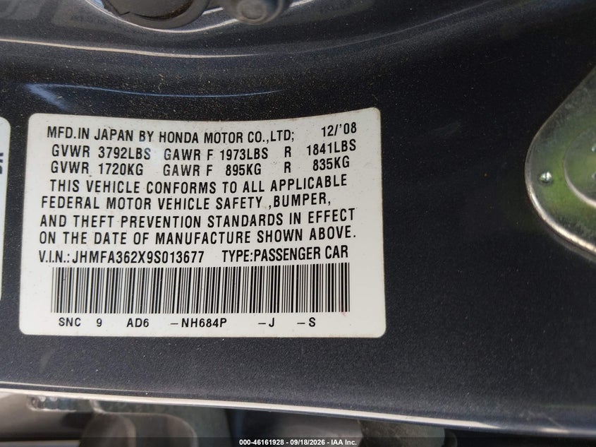 2009 Honda Civic hybrid VIN JHMFA362X9S013677 IAAI salvage auction — NORMAL WEAR, Original (Texas), sold $25 on 2026-09-30 (photo 9)