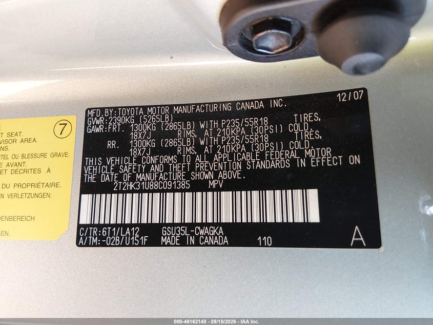 2008 Lexus Rx 350 VIN 2T2HK31U88C091385 IAAI salvage auction — LEFT FRONT, Salvage (Arizona), sold $0 on 2026-10-25 (photo 9)