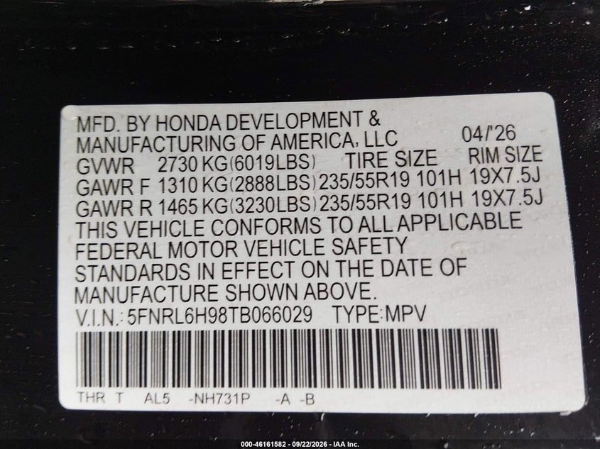 2026 Honda Odyssey VIN 5FNRL6H98TB066029 IAAI salvage auction — NORMAL WEAR, Enterprise Vehicles Clear Only (Oregon), sold $33,000 on 2026-09-30 (photo 9)