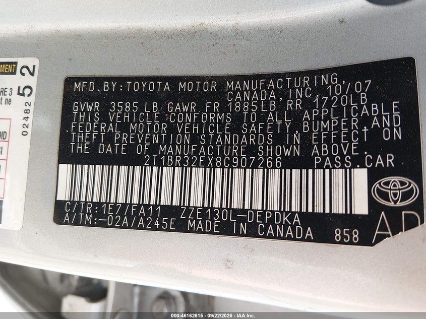 2008 Toyota Corolla VIN 2T1BR32EX8C907266 IAAI salvage auction — NORMAL WEAR, Clear (Massachusetts), sold $600 on 2026-09-26 (photo 9)