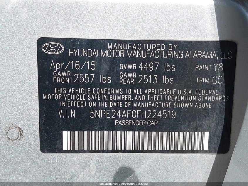 2015 Hyundai Sonata VIN 5NPE24AF0FH224519 IAAI salvage auction — NORMAL WEAR, Original (Texas), sold $775 on 2026-10-07 (photo 9)