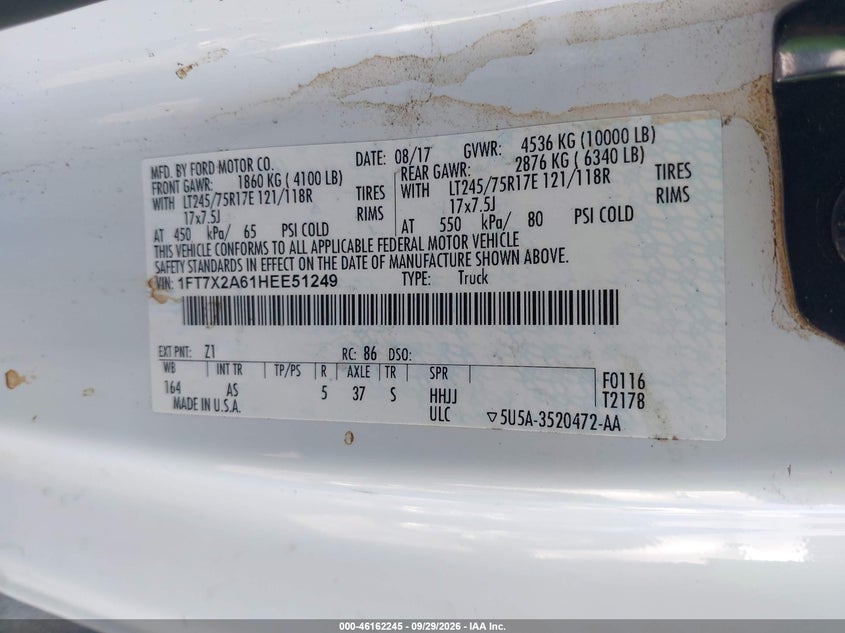 2017 Ford F250 VIN 1FT7X2A61HEE51249 IAAI salvage auction — NORMAL WEAR, Wait Title, sold $7,250 on 2026-10-15 (photo 9)