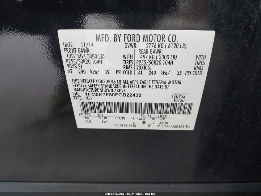 2015 Ford Explorer VIN 1FM5K7F80FGB22438 IAAI salvage auction — UNKNOWN, Salvage Title, sold $25 on 2026-09-26 (photo 9)
