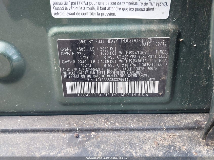 2012 Subaru Outback VIN 4S4BRBAC5C3266146 IAAI salvage auction — NORMAL WEAR, Clear (Massachusetts), sold $125 on 2026-09-26 (photo 9)