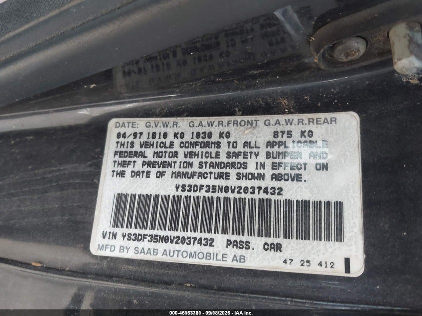 1997 Saab 900 VIN YS3DF35N0V2037432 IAAI salvage auction — UNKNOWN, Salvage (Idaho), sold $400 on 2026-09-24 (photo 9)