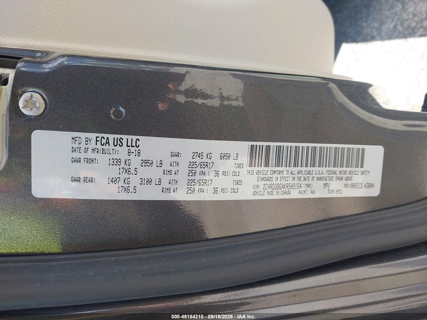 2019 Dodge Grand caravan VIN 2C4RDGBGXKR509164 IAAI salvage auction — NORMAL WEAR, SF97 (Rhode Island), sold $13,750 on 2026-10-05 (photo 9)