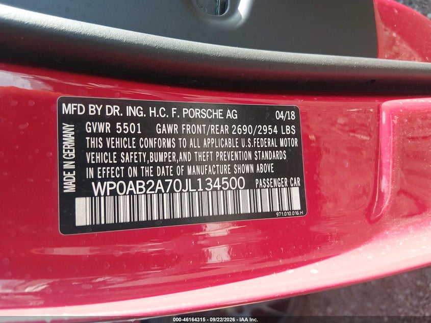 2018 Porsche Panamera VIN WP0AB2A70JL134500 IAAI salvage auction — FRONT END, Clear (Arizona), sold $32,500 on 2026-10-06 (photo 9)