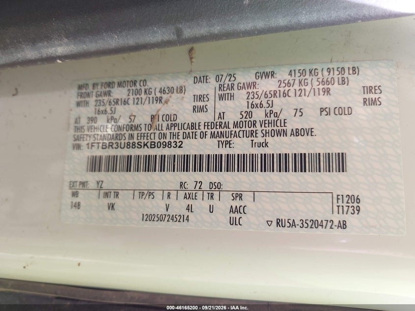 2025 Ford Transit VIN 1FTBR3U88SKB09832 IAAI salvage auction — RIGHT SIDE, Enterprise Vehicles Clear Only (New York), sold $31,450 on 2026-09-29 (photo 9)