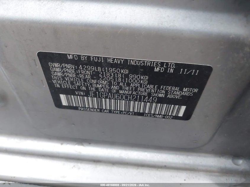 2012 Subaru Impreza VIN JF1GPAU60CH211449 IAAI salvage auction — NORMAL WEAR, Clear (Indiana), sold $250 on 2026-10-03 (photo 9)