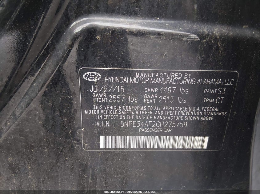 2016 Hyundai Sonata VIN 5NPE34AF2GH275759 IAAI salvage auction — SIDE, Clear (New Jersey), sold $0 on 2026-09-30 (photo 9)