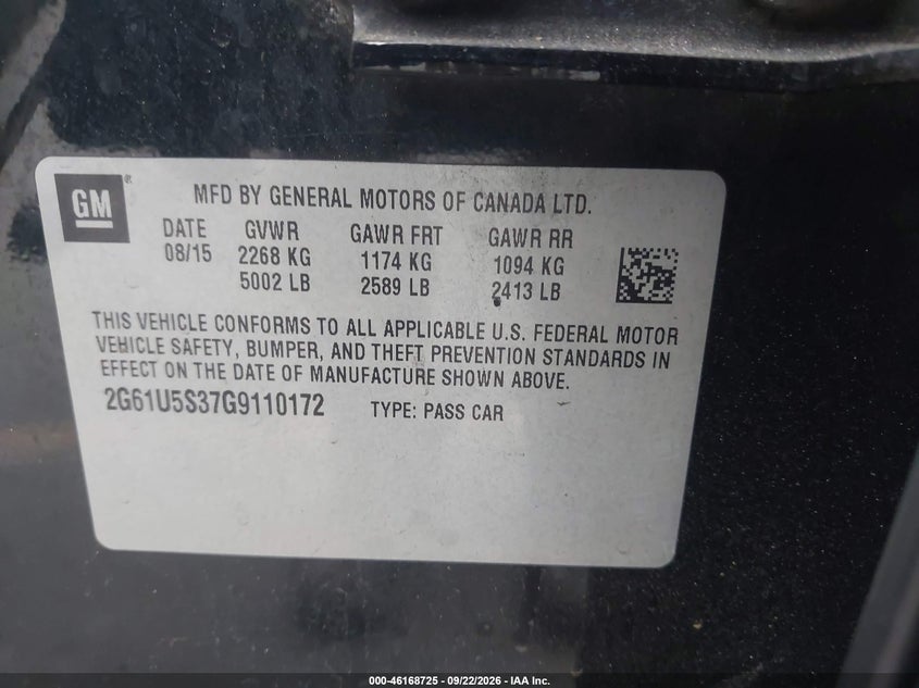 2016 Cadillac Xts VIN 2G61U5S37G9110172 IAAI salvage auction — NORMAL WEAR, Clear - Dealer Only (California), sold $250 on 2026-10-05 (photo 9)