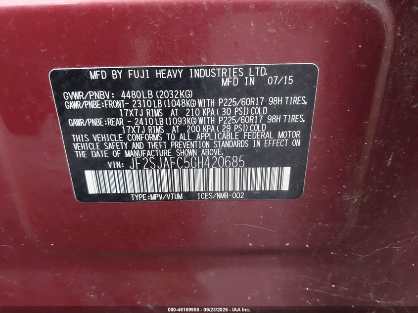 2016 Subaru Forester VIN JF2SJAFC5GH420685 IAAI salvage auction — FRONT END, Salvage - Greater Than 75% (Maryland), sold $1,450 on 2026-10-12 (photo 9)