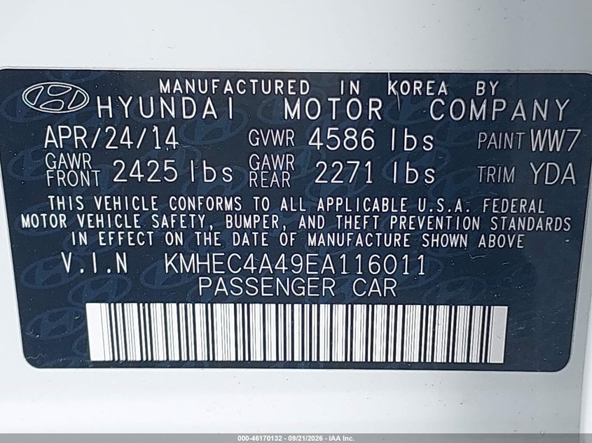 2014 Hyundai Sonata VIN KMHEC4A49EA116011 IAAI salvage auction — NORMAL WEAR, Clear (Florida), sold $25 on 2026-09-28 (photo 9)