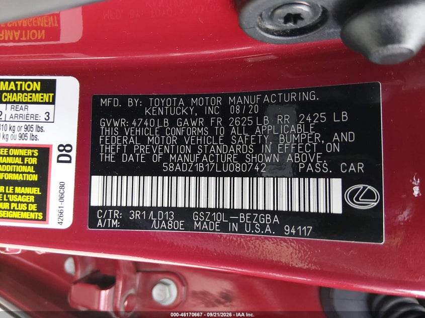2020 Lexus ES VIN 58ADZ1B17LU080742 IAAI salvage auction — NORMAL WEAR, Salvage Title, sold $15,250 on 2026-10-14 (photo 9)
