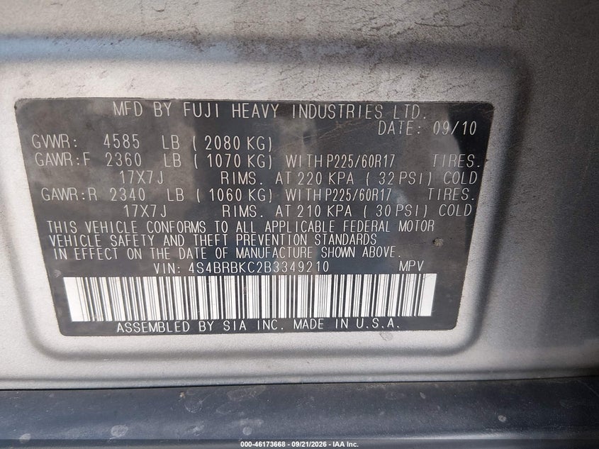 2011 Subaru Outback VIN 4S4BRBKC2B3349210 IAAI salvage auction — NORMAL WEAR, Clear (Pennsylvania), sold $1,350 on 2026-10-01 (photo 9)
