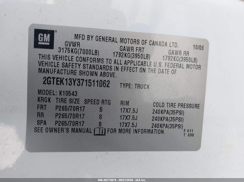 2007 Gmc Sierra 1500 VIN 2GTEK13Y371511062 IAAI salvage auction — NORMAL WEAR, Original (New Hampshire), sold $1,000 on 2026-10-12 (photo 9)