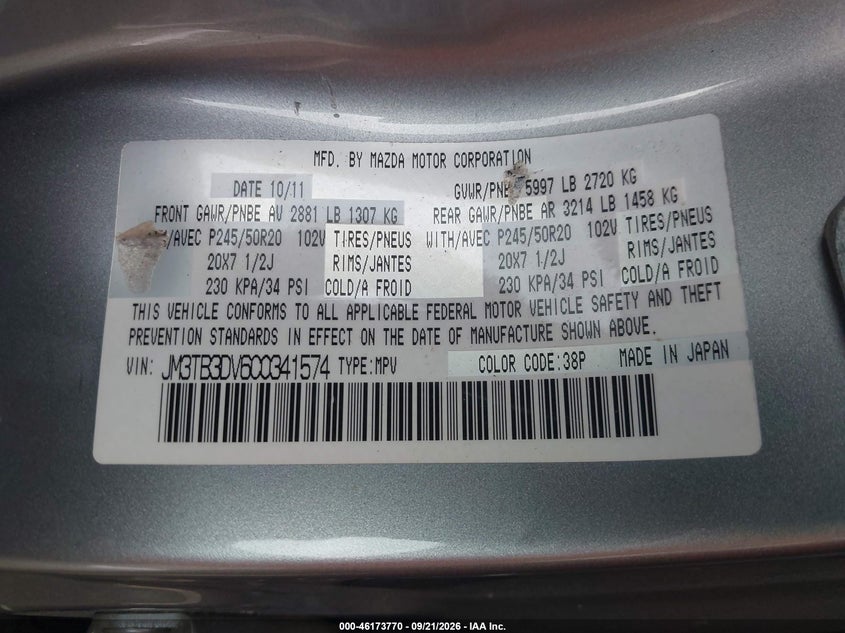 2012 Mazda Cx-9 VIN JM3TB3DV6C0341574 IAAI salvage auction — NORMAL WEAR, Clear (Maryland), sold $300 on 2026-10-03 (photo 9)