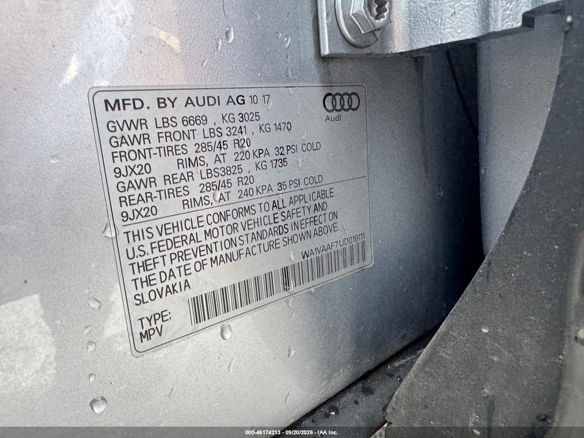 2018 Audi Q7 VIN WA1VAAF71JD019111 IAAI salvage auction — SUSPENSION, Original (Ohio), sold $4,575 on 2026-10-14 (photo 9)