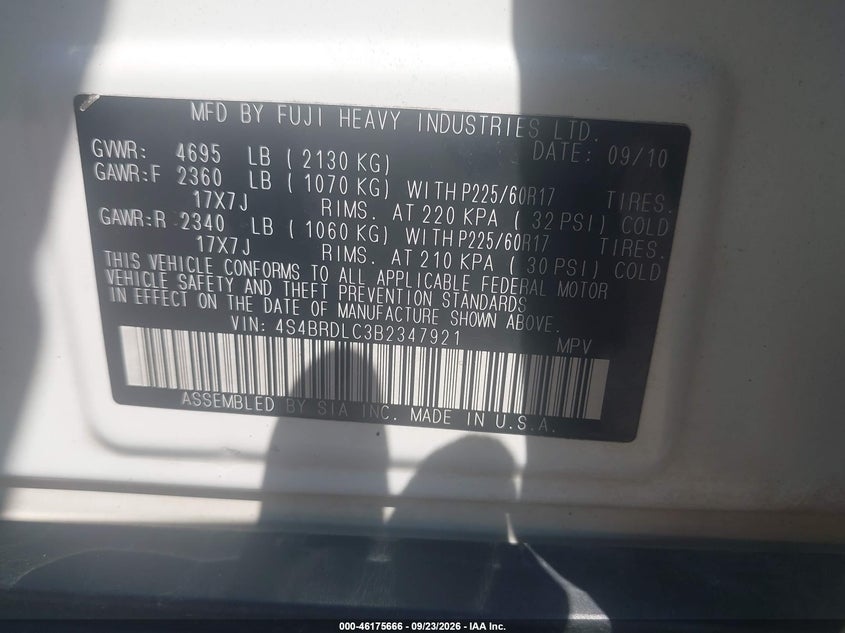 2011 Subaru Outback VIN 4S4BRDLC3B2347921 IAAI salvage auction — NORMAL WEAR, Clear (Alabama), sold $0 on 2026-10-22 (photo 9)