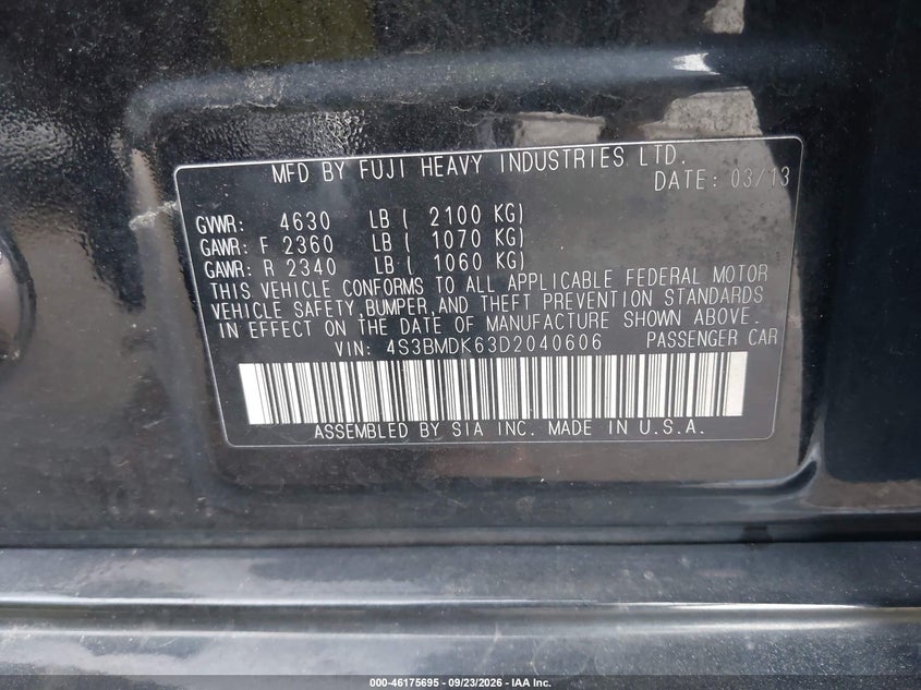 2013 Subaru LEGACY VIN 4S3BMDK63D2040606 IAAI salvage auction — FRONT END, Salvage (Connecticut), sold $400 on 2026-10-10 (photo 9)
