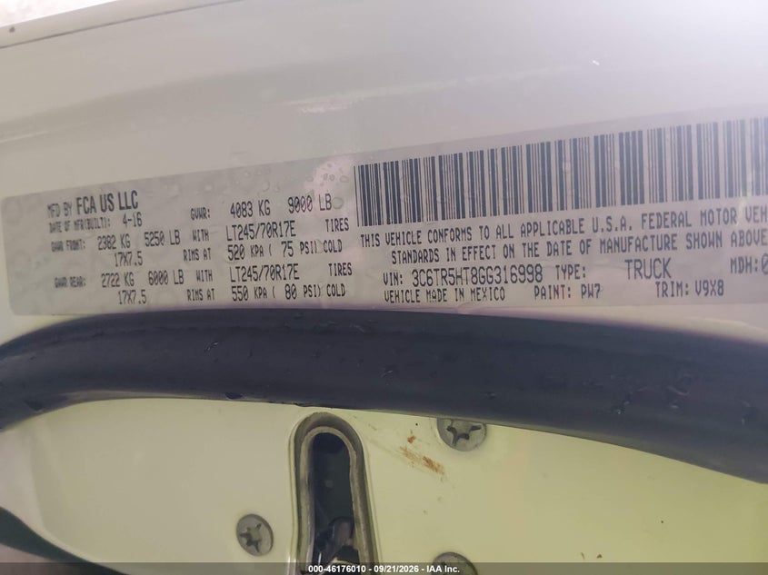 2016 Ram 2500 VIN 3C6TR5HT8GG316998 IAAI salvage auction — NORMAL WEAR, SF97 (Oklahoma), sold $25 on 2026-10-09 (photo 9)