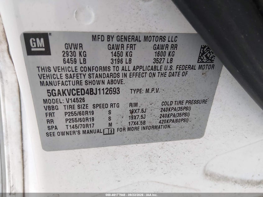 2011 Buick Enclave VIN 5GAKVCED4BJ112693 IAAI salvage auction — NORMAL WEAR, Clear (Florida), sold $225 on 2026-10-19 (photo 9)