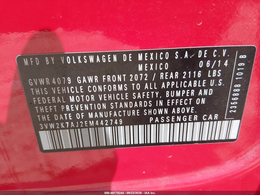 2014 Volkswagen Jetta VIN 3VW2K7AJ2EM442749 IAAI salvage auction — FRONT END, Salvage Title, sold $1,000 on 2026-10-03 (photo 9)