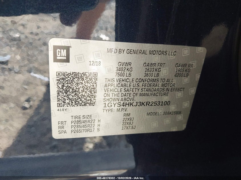 2019 Cadillac Escalade VIN 1GYS4HKJ3KR253100 IAAI salvage auction — Unknown, Salvage Title, sold $0 on 2026-10-22 (photo 9)