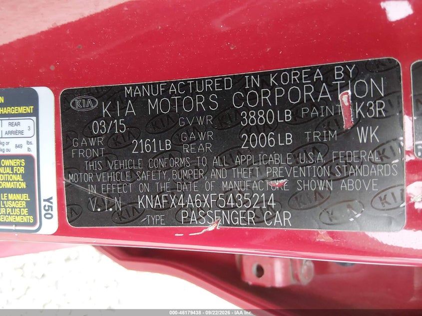 2015 Kia Forte VIN KNAFX4A6XF5435214 IAAI salvage auction — NORMAL WEAR, Original (Kentucky), sold $625 on 2026-10-22 (photo 9)