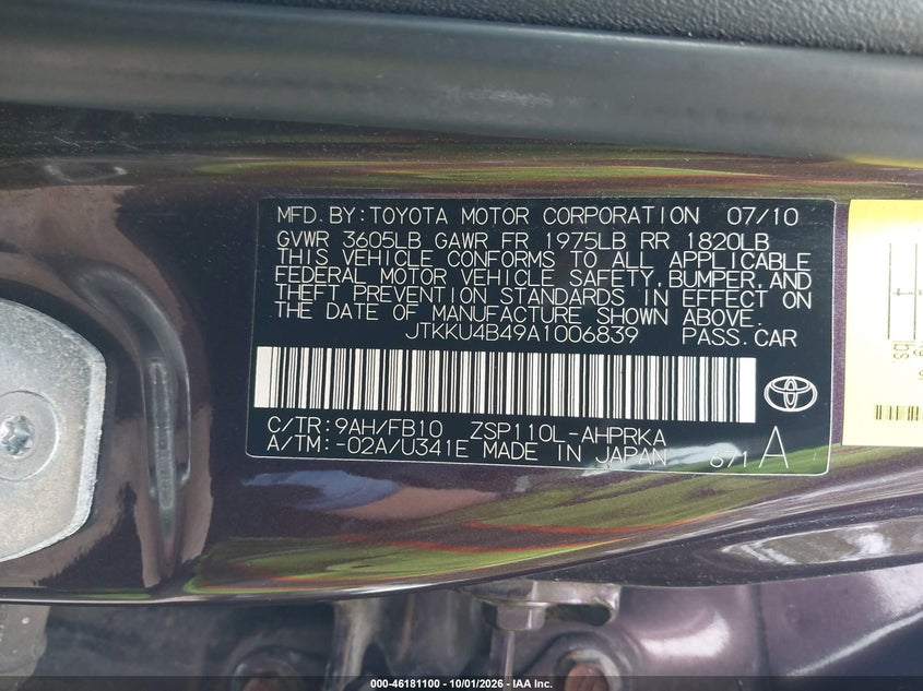 2010 Scion Xd VIN JTKKU4B49A1006839 IAAI salvage auction — FRONT END, Clear (Massachusetts), sold $825 on 2026-10-08 (photo 9)