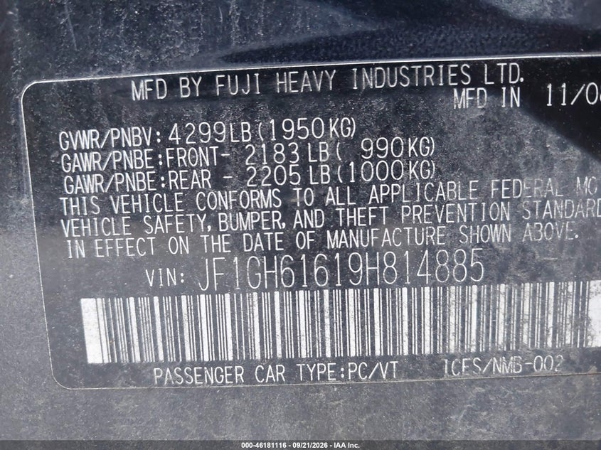2009 Subaru Impreza VIN JF1GH61619H814885 IAAI salvage auction — NORMAL WEAR, Original (Maine), sold $500 on 2026-10-12 (photo 9)