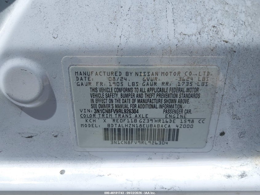 2024 Nissan Versa VIN 3N1CN8FV9RL926304 IAAI salvage auction — SUSPENSION, Enterprise Vehicles Clear Only (Texas), sold $9,200 on 2026-09-28 (photo 9)