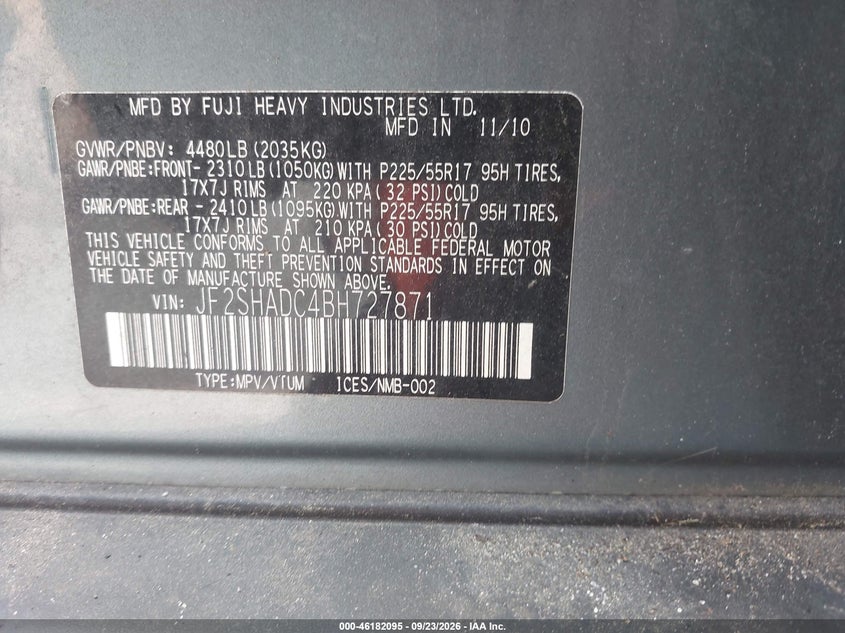 2011 Subaru Forester VIN JF2SHADC4BH727871 IAAI salvage auction — FRONT & REAR, Clear (New Jersey), sold $775 on 2026-10-05 (photo 9)