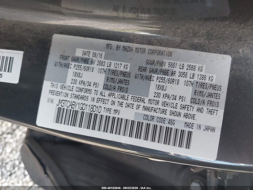 2016 Mazda Cx-9 VIN JM3TCABY1G0118010 IAAI salvage auction — NORMAL WEAR, Clear (South Carolina), sold $0 on 2026-10-01 (photo 9)
