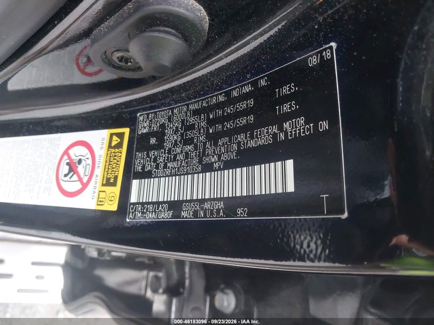2018 Toyota Highlander VIN 5TDDZRFH1JS910358 IAAI salvage auction — FRONT & REAR, Salvage (Virginia), sold $13,150 on 2026-10-16 (photo 9)
