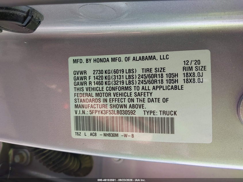 2020 Honda Ridgeline VIN 5FPYK3F53LB030592 IAAI salvage auction — FRONT END, Salvage Title, sold $8,300 on 2026-10-09 (photo 9)