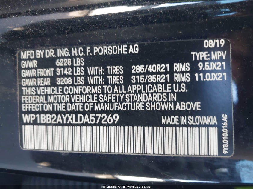 2020 Porsche Cayenne VIN WP1BB2AYXLDA57269 IAAI salvage auction — SIDE, Salvage, sold $23,900 on 2026-10-19 (photo 9)