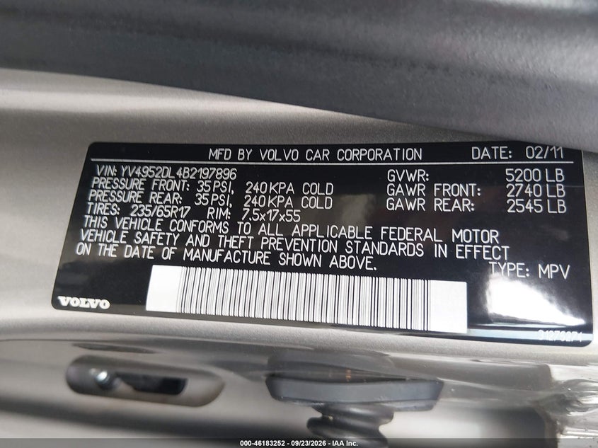 2011 Volvo Xc60 VIN YV4952DL4B2197896 IAAI salvage auction — RIGHT FRONT, Salvage (Pennsylvania), sold $0 on 2026-10-04 (photo 9)
