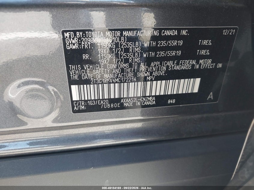 2021 Toyota Rav 4 VIN 2T3C1RFV4MC172214 IAAI salvage auction — ROLLOVER, Salvage (California), sold $7,800 on 2026-10-03 (photo 9)