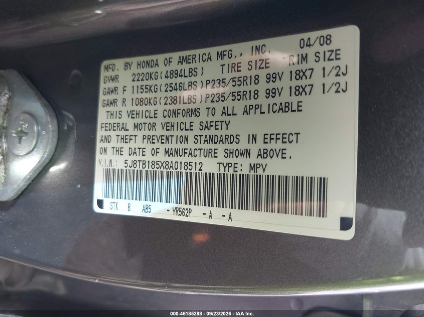 2008 Acura Rdx VIN 5J8TB185X8A018512 IAAI salvage auction — FRONT END, Mv-907A (New York), sold $0 on 2026-10-09 (photo 9)
