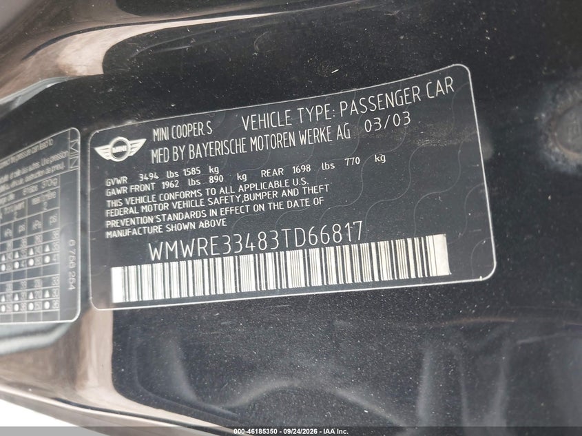 2003 Mini Cooper VIN WMWRE33483TD66817 IAAI salvage auction — NORMAL WEAR, Original (Texas), sold $25 on 2026-10-07 (photo 9)